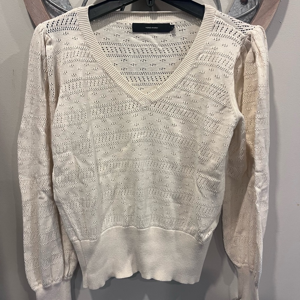 Vero Moda Cream Pointelle V-Neck Pullover Sweater